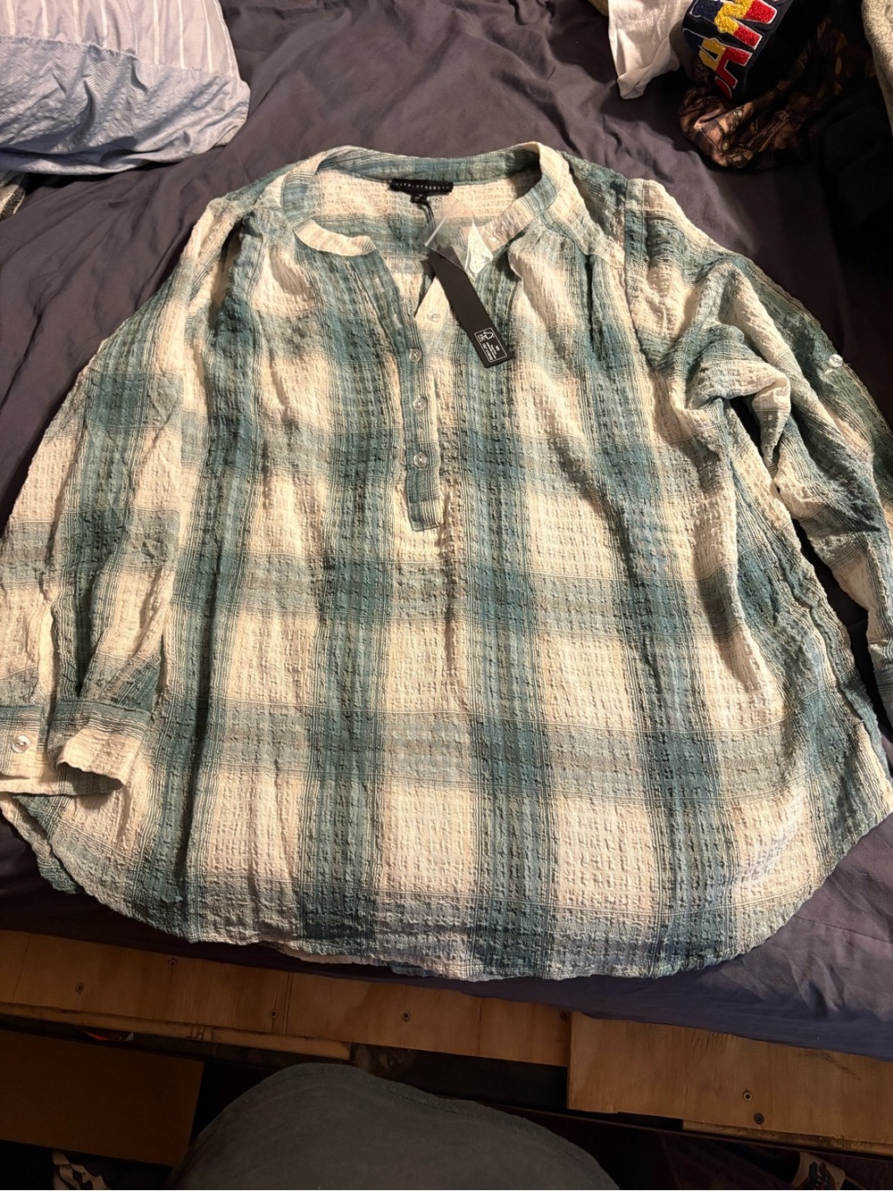 Jane and Delancey Teal and White Plaid Tunic Top